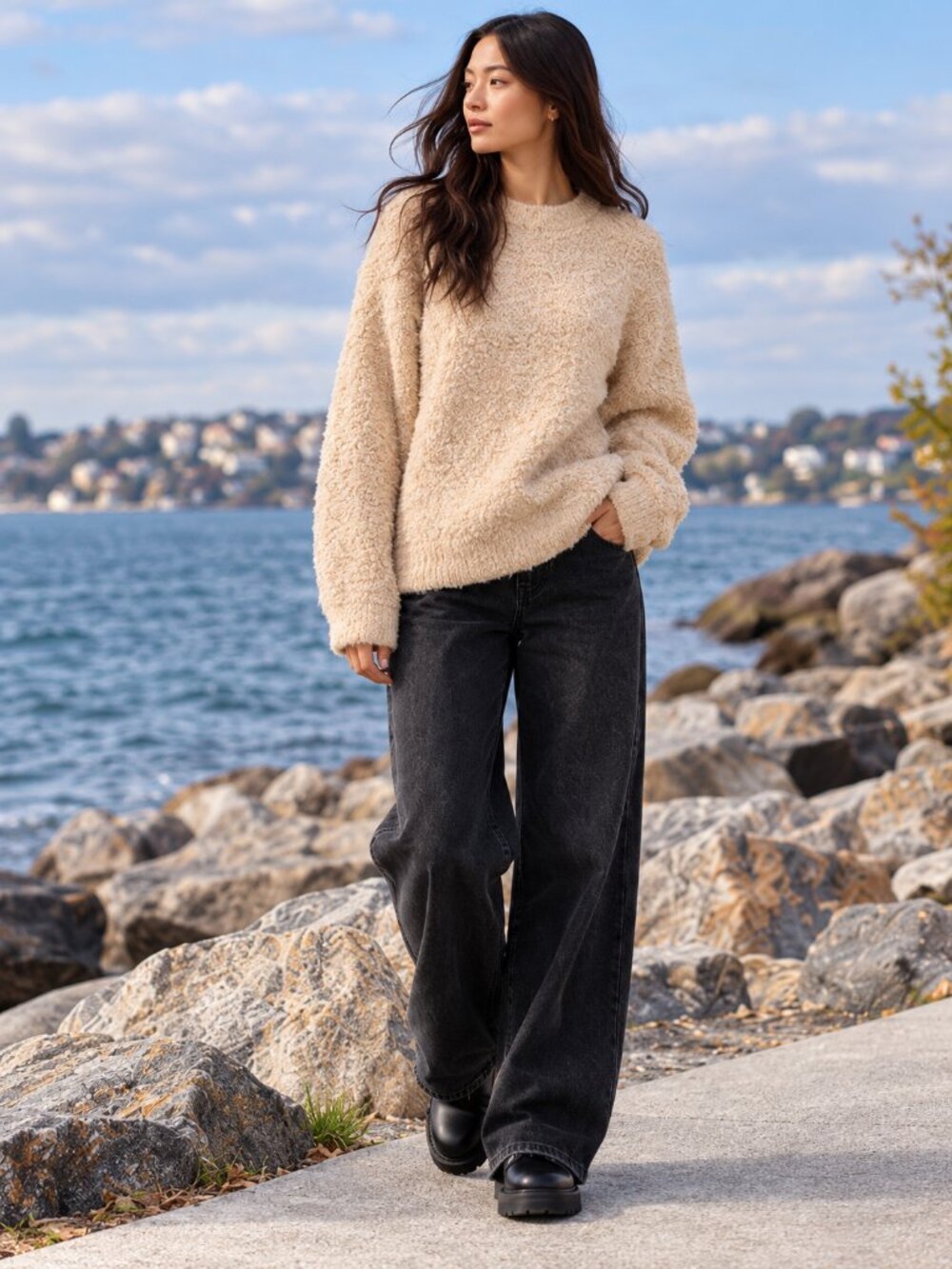 Reformation Ambrose Sweater Beige Ginger Alpaca Linen Boucle Knit Oversized